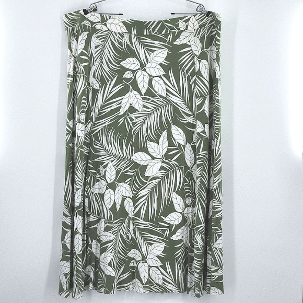 Lands End Midi Skirt Plus Size 3X Green Topical Floral Elastic Waistband Resort